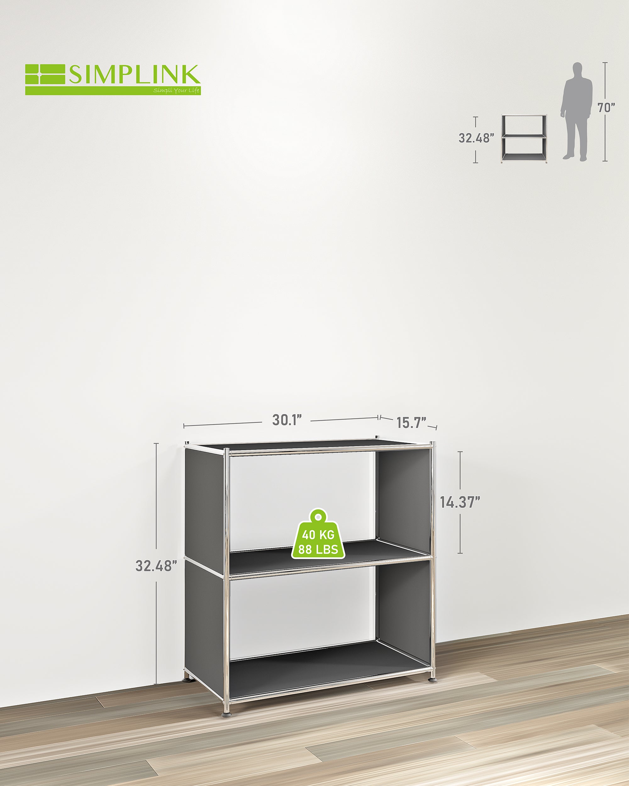 Gray metal bookcase with dimensions showing 30.1 inch width and 32.48 inch height
