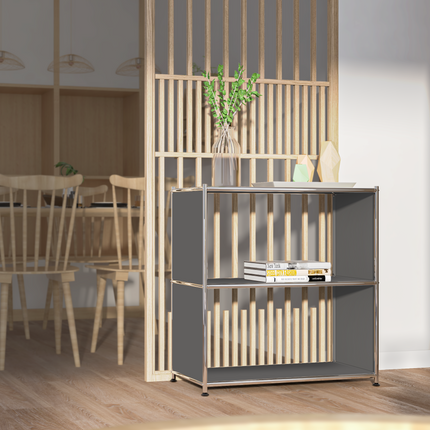 Gray metal bookcase placed beside wooden divider in modern dining room
