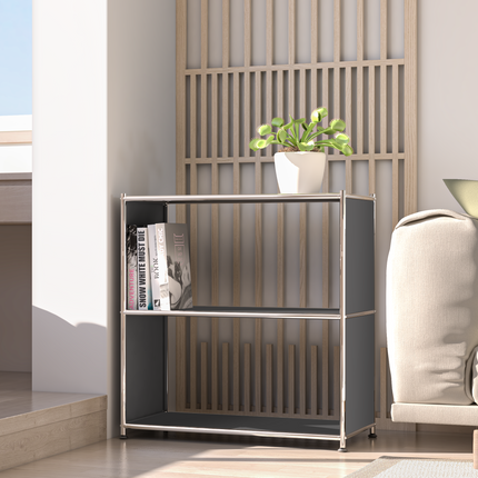 Gray metal bookcase styled in a modern living room with books and a potted plant
