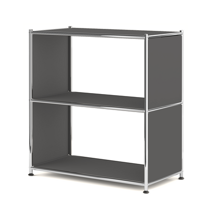 Gray metal bookcase with open shelves isolated on a white background

