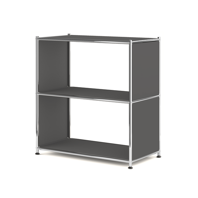 Gray metal bookcase with open shelves isolated on a white background
