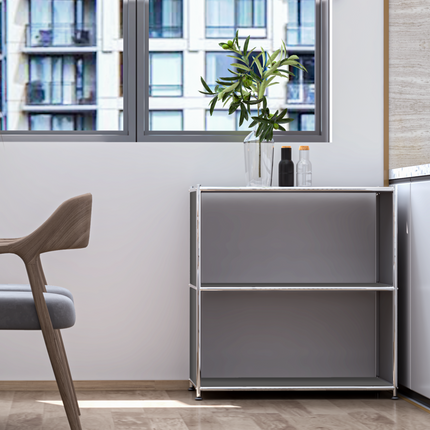 Metal bookcase beside kitchen counter with plants near window in modern apartment
