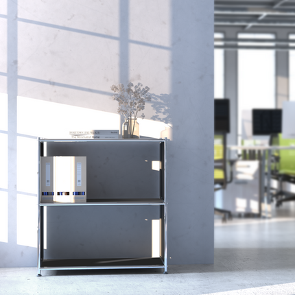 Modern metal bookcase with files in sunlit office interior near window

