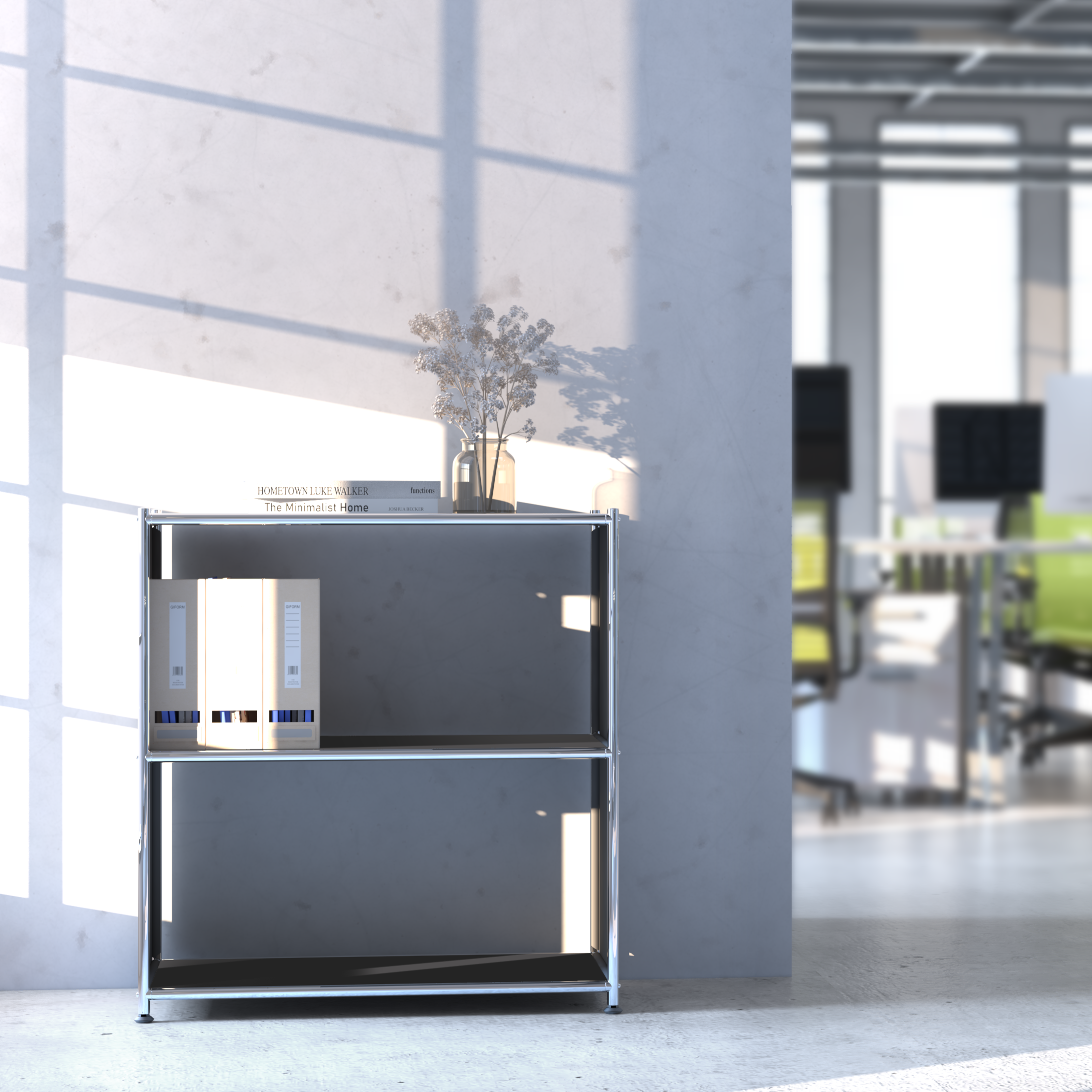 Modern metal bookcase with files in sunlit office interior near window
