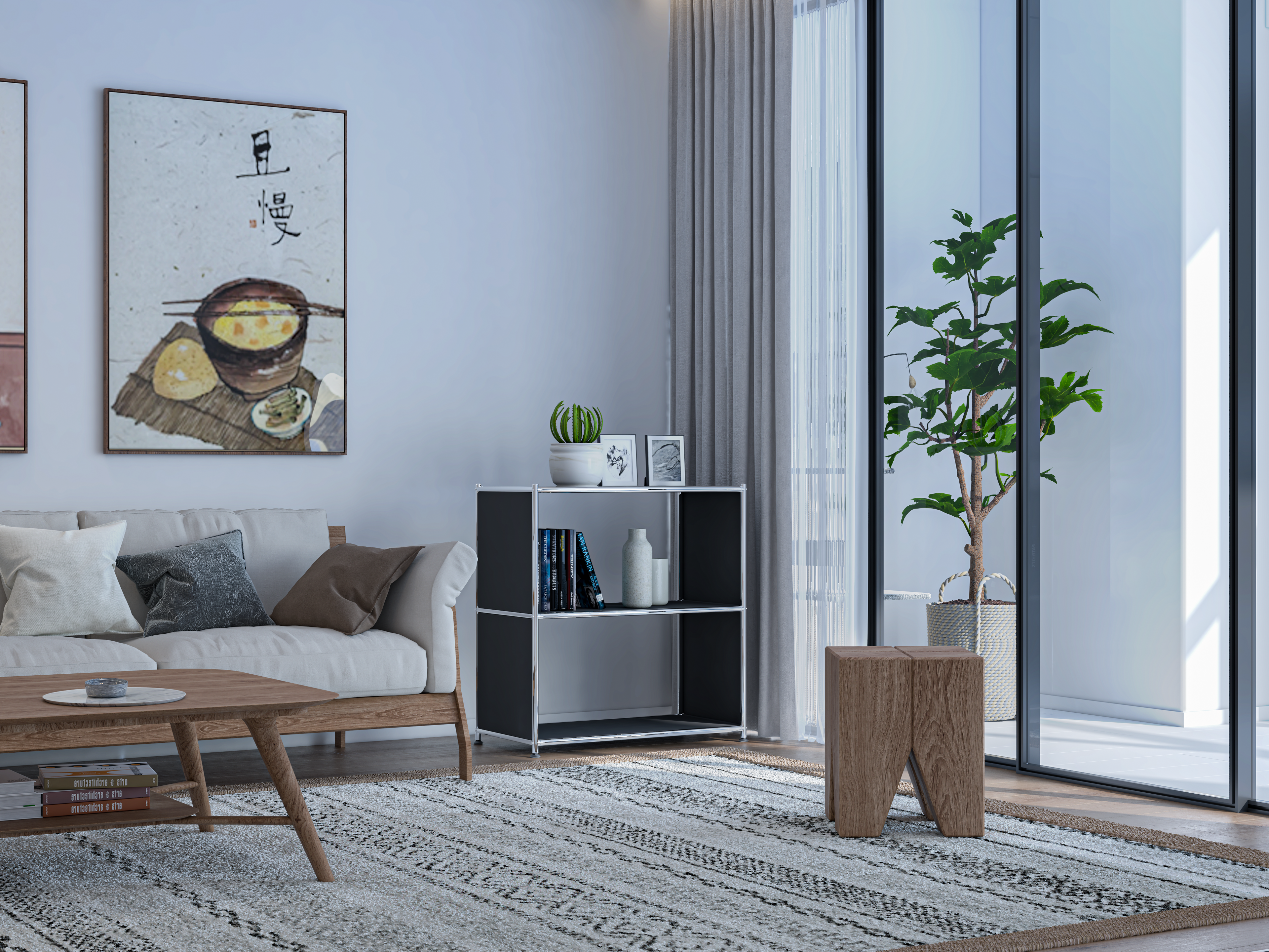 Modern metal bookcase with open shelves styled in living room corner
