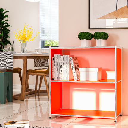 Orange metal bookcase styled in dining room with books, decor boxes, and plants
