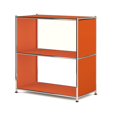 Orange metal bookcase with two open shelves shown on clean white background
