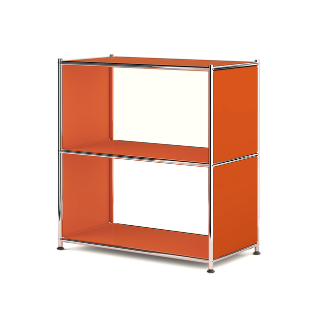Orange metal bookcase with two open shelves shown on clean white background

