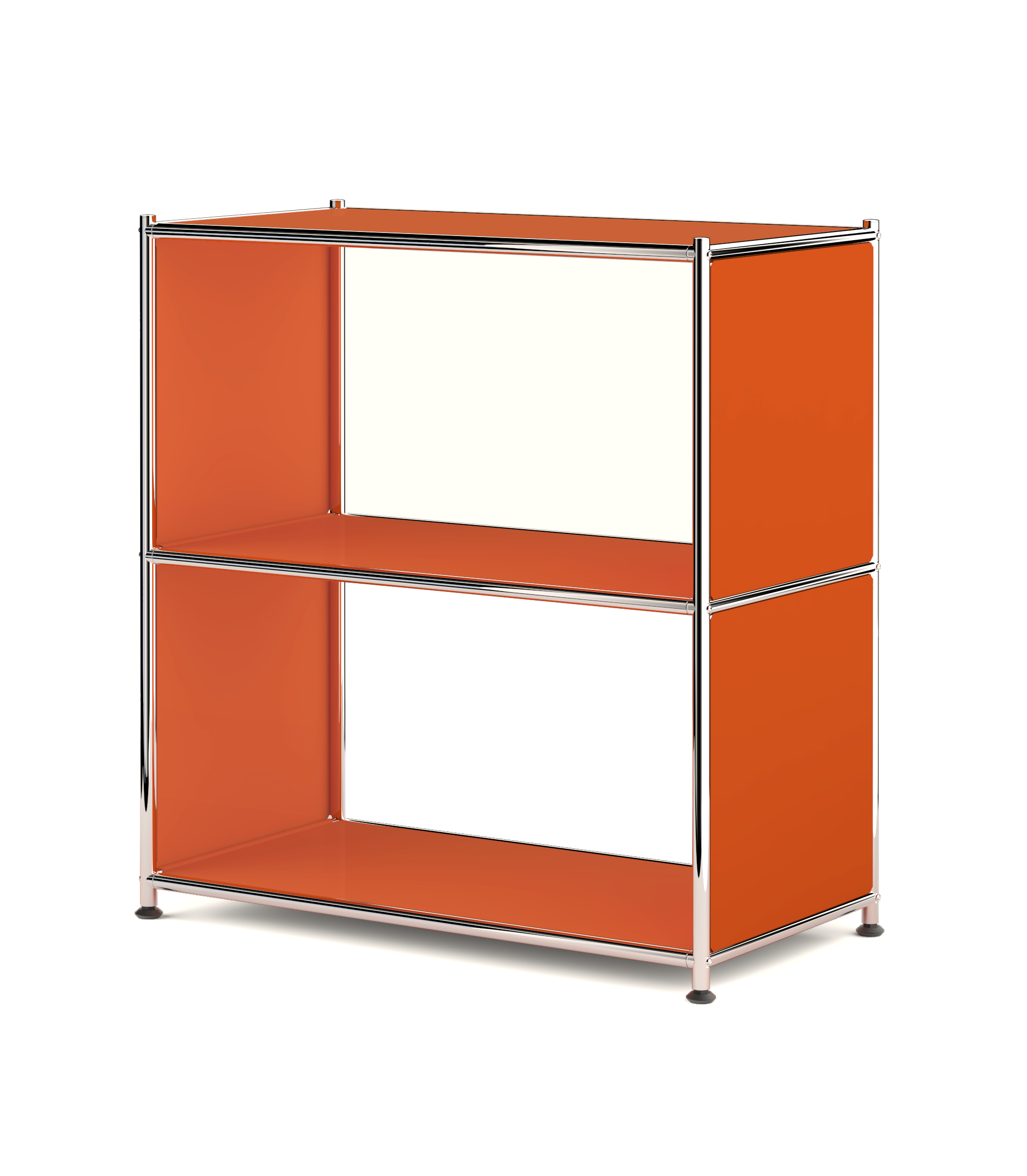 Orange metal bookcase with two open shelves shown on clean white background
