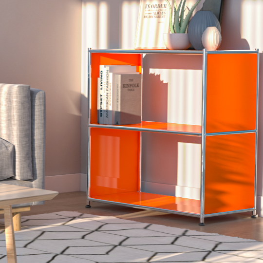 Orange metal bookcase with books and decor in sunlit modern living room
