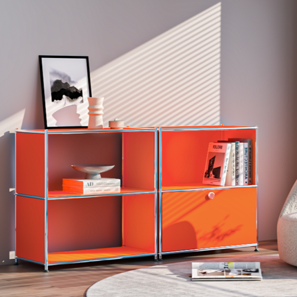 Orange metal bookcase with open shelves and cabinet door in modern living room
