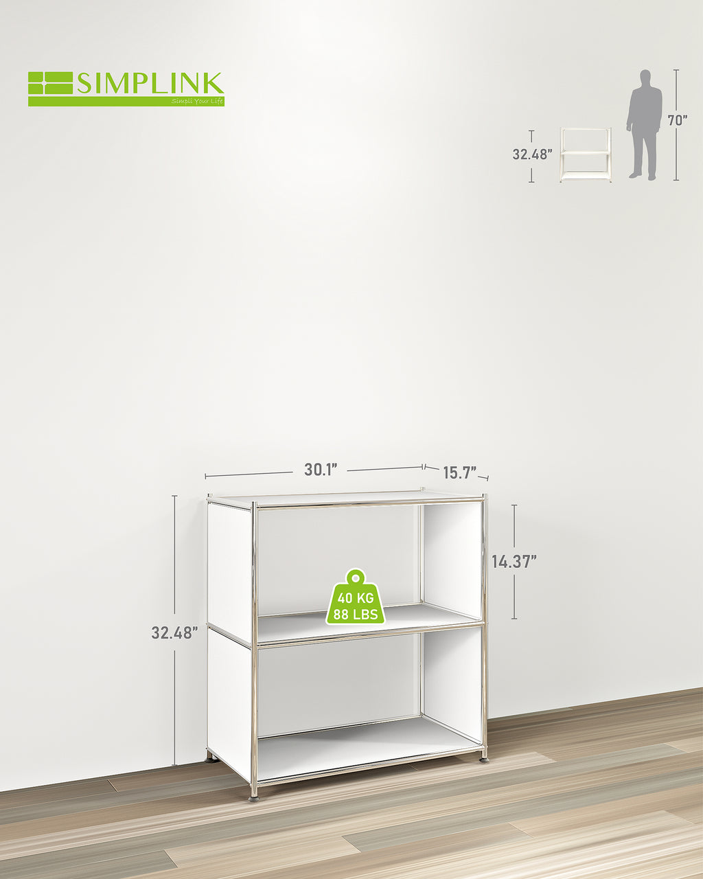 White metal bookcase with two open shelves showing size dimensions and 88 lbs weight capacity
