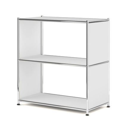 White metal bookcase with two open shelves and chrome frame on a white background
