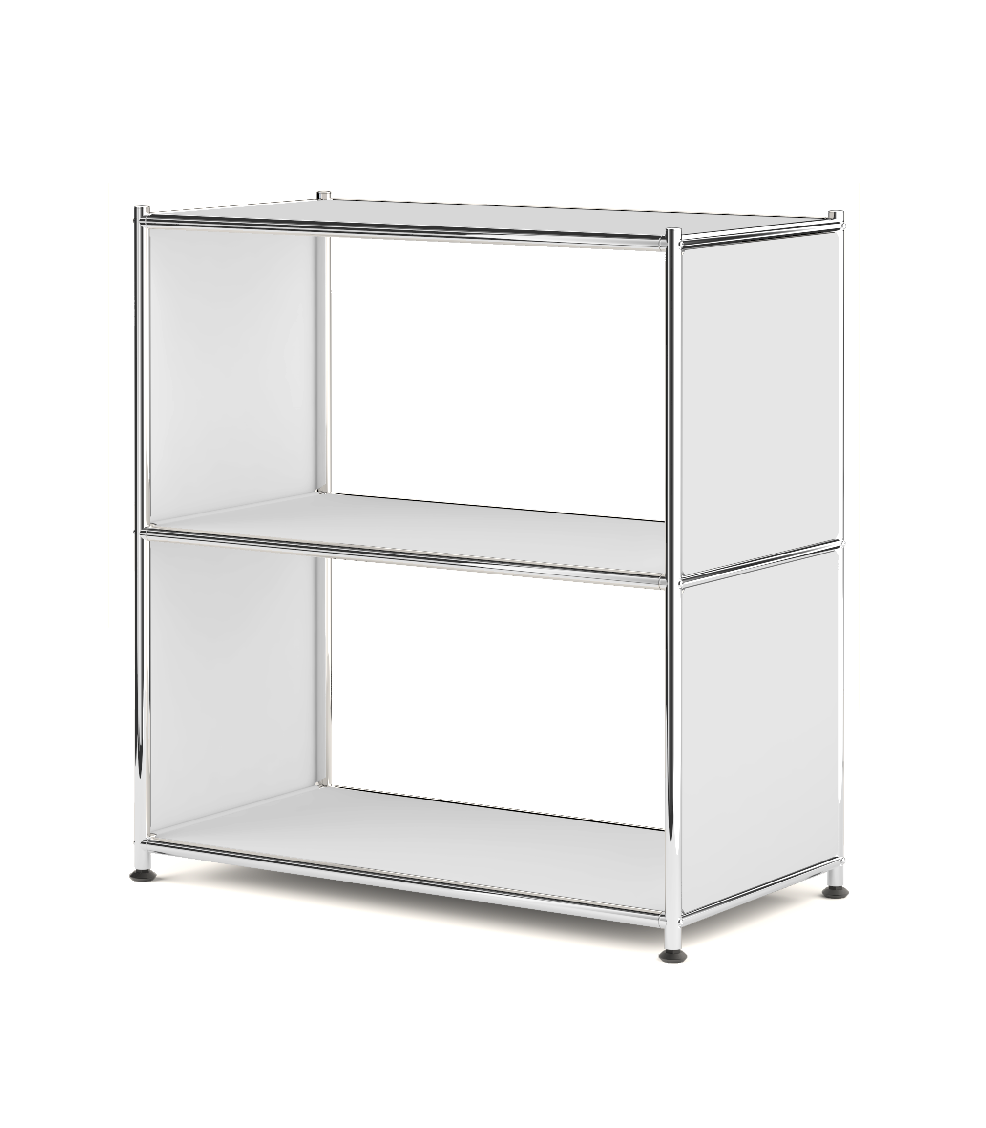 White metal bookcase with two open shelves and chrome frame on a white background

