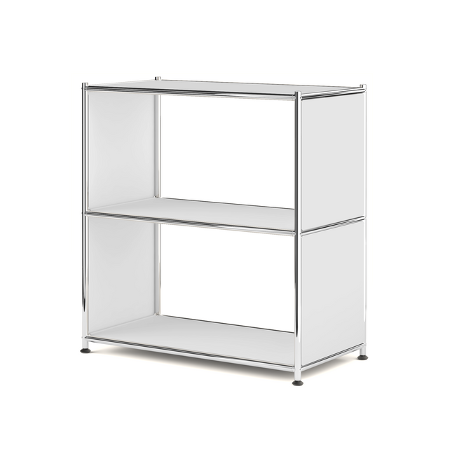 White metal bookcase with two open shelves and chrome frame on a white background
