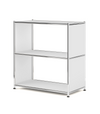 White metal bookcase with two open shelves and chrome frame on a white background
