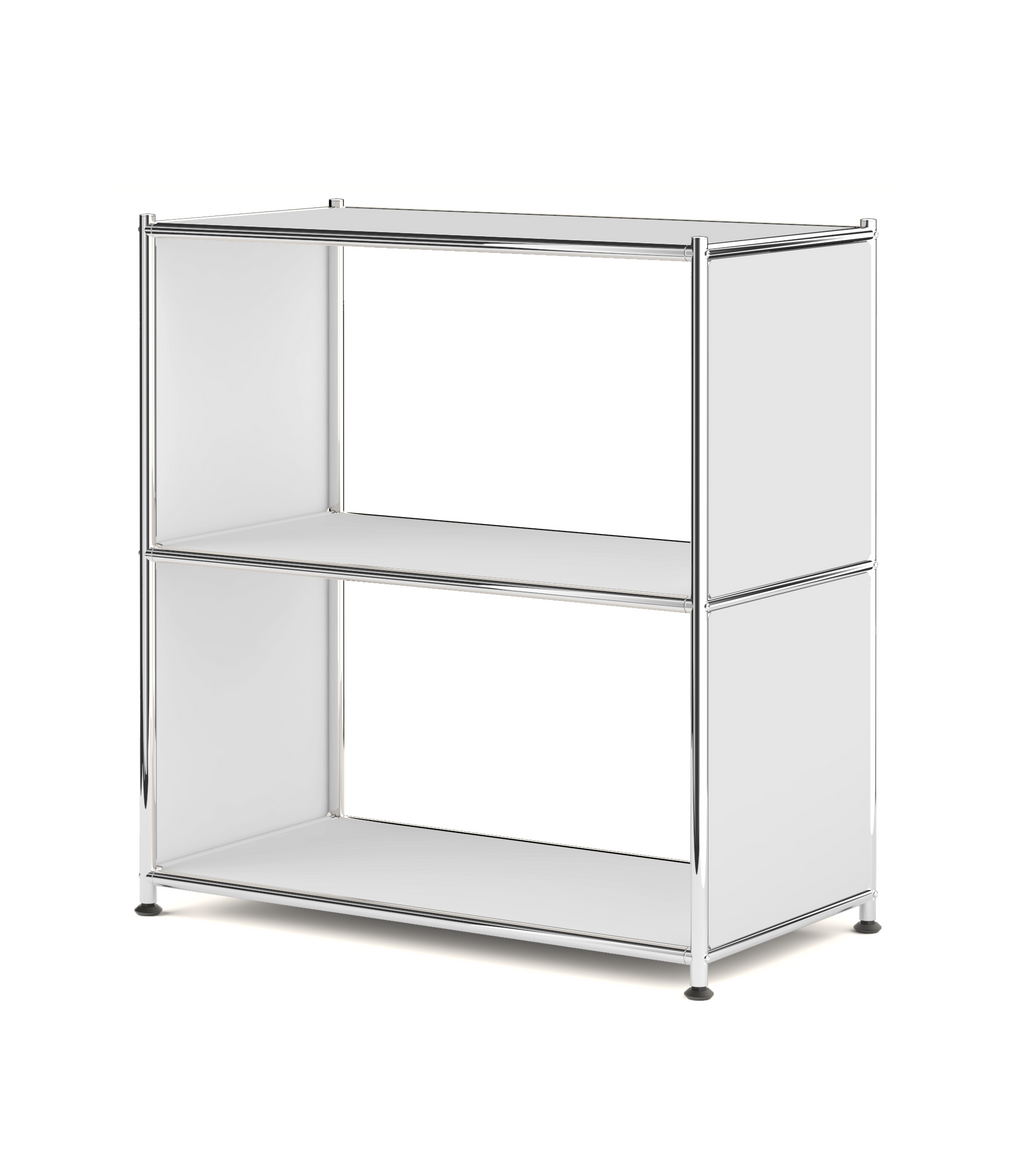 White metal bookcase with two open shelves and chrome frame on a white background
