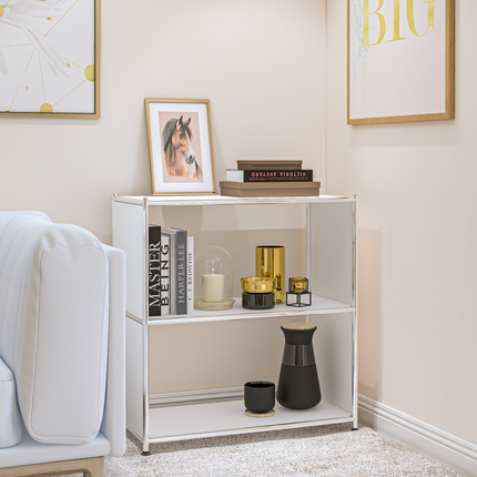 White metal bookcase with open shelves styled with books and decor in a modern living room
