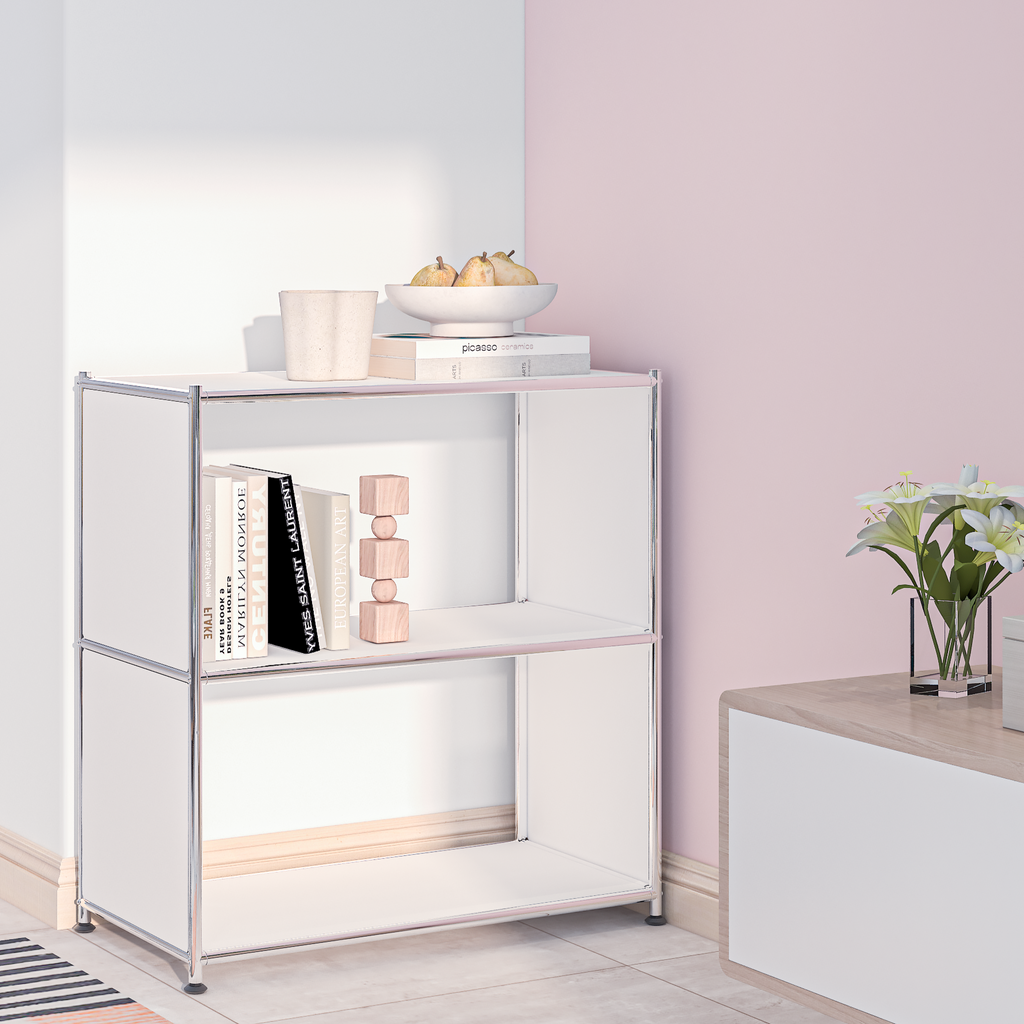 White metal bookcase with open shelves styled with books and decor in a pastel home interior
