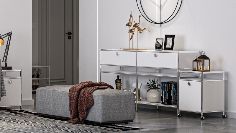 Simplink metal lowboard styled in a modern living room with decor and open shelving
