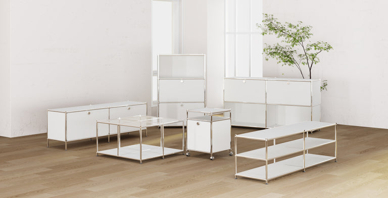 Modular metal storage furniture collection including sideboard, lowboard, coffee table and cabinet

