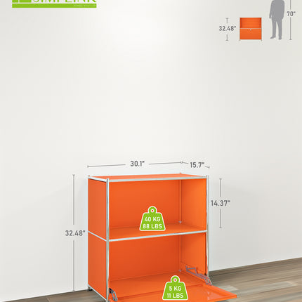 Modern metal sideboard with flap door showing load capacity, dimensions, and fold-down storage design
