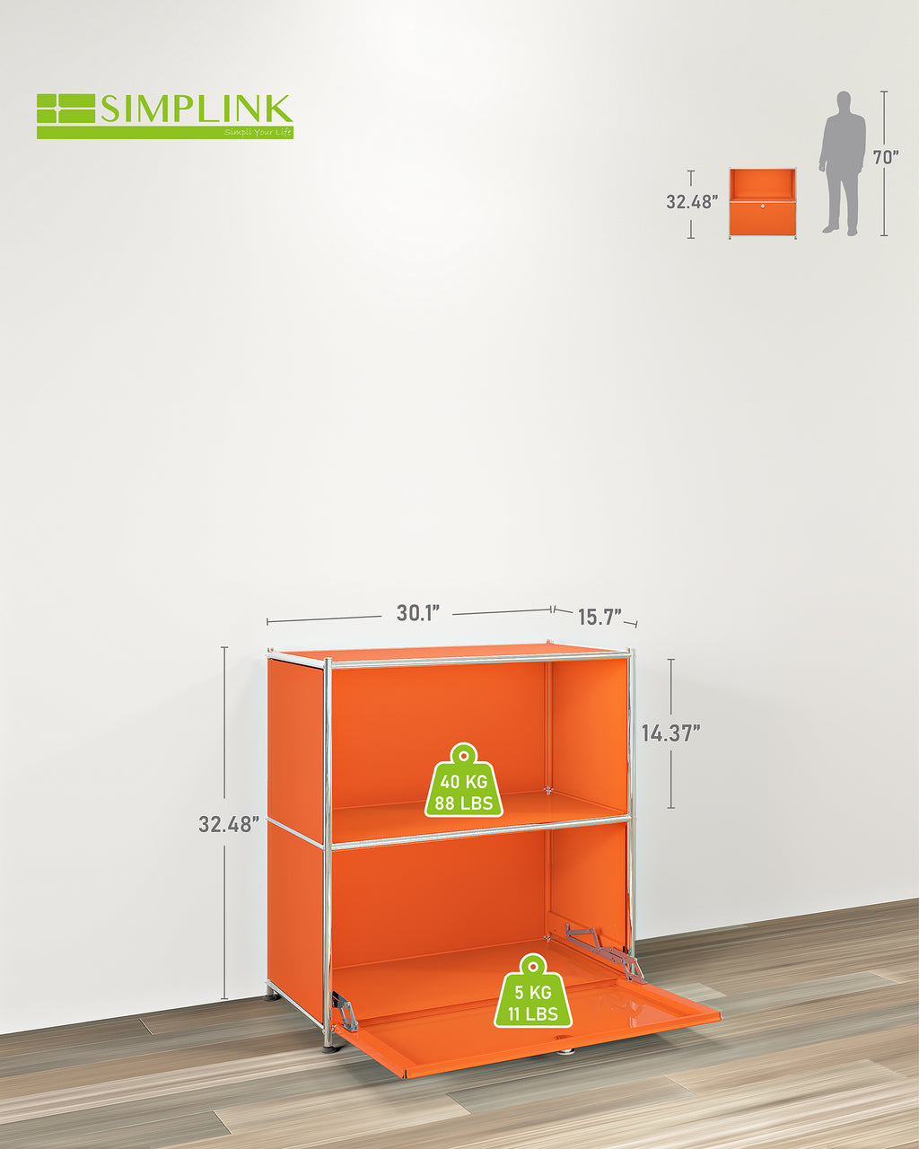 Modern metal sideboard with flap door showing load capacity, dimensions, and fold-down storage design
