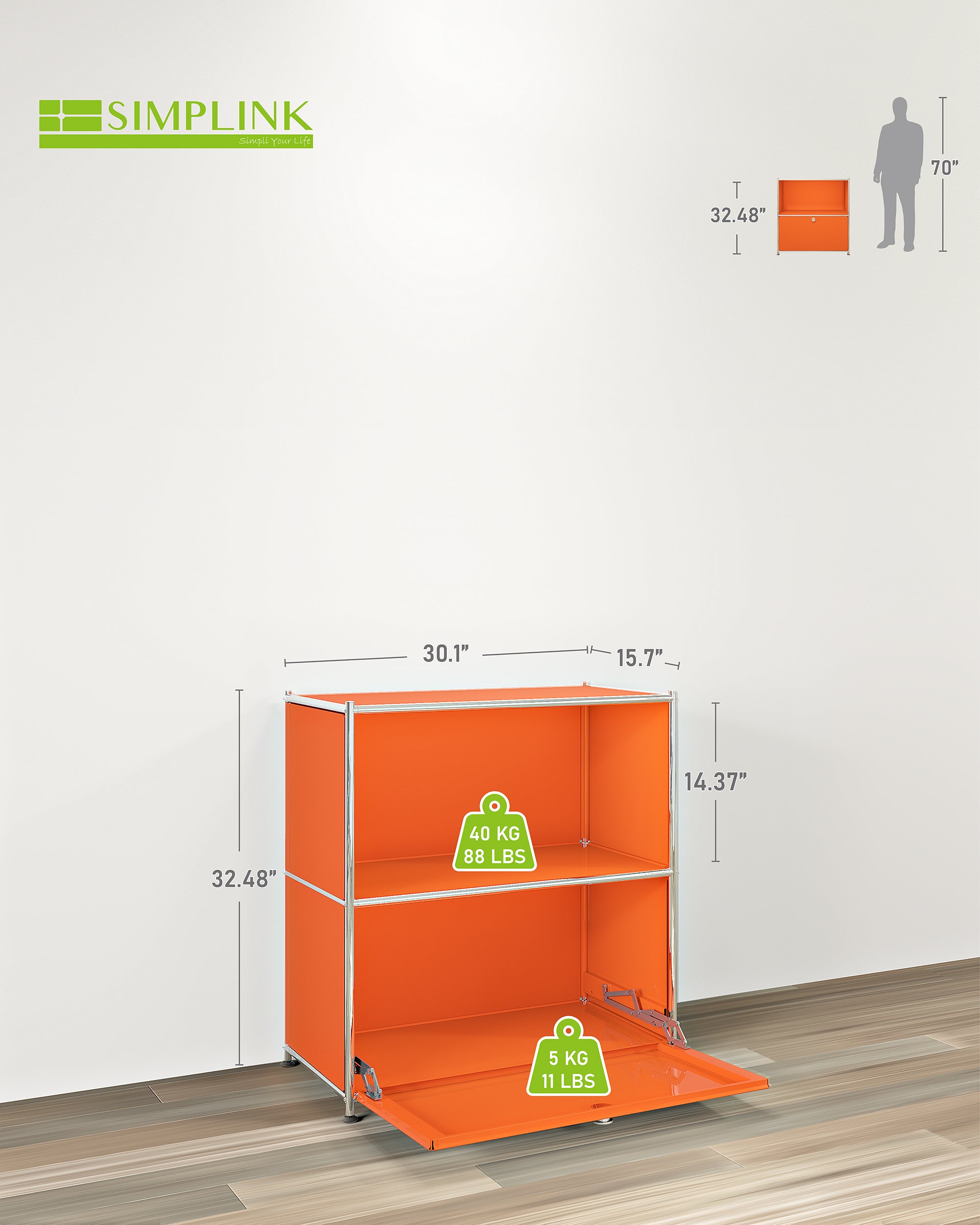 Modern metal sideboard with flap door showing load capacity, dimensions, and fold-down storage design
